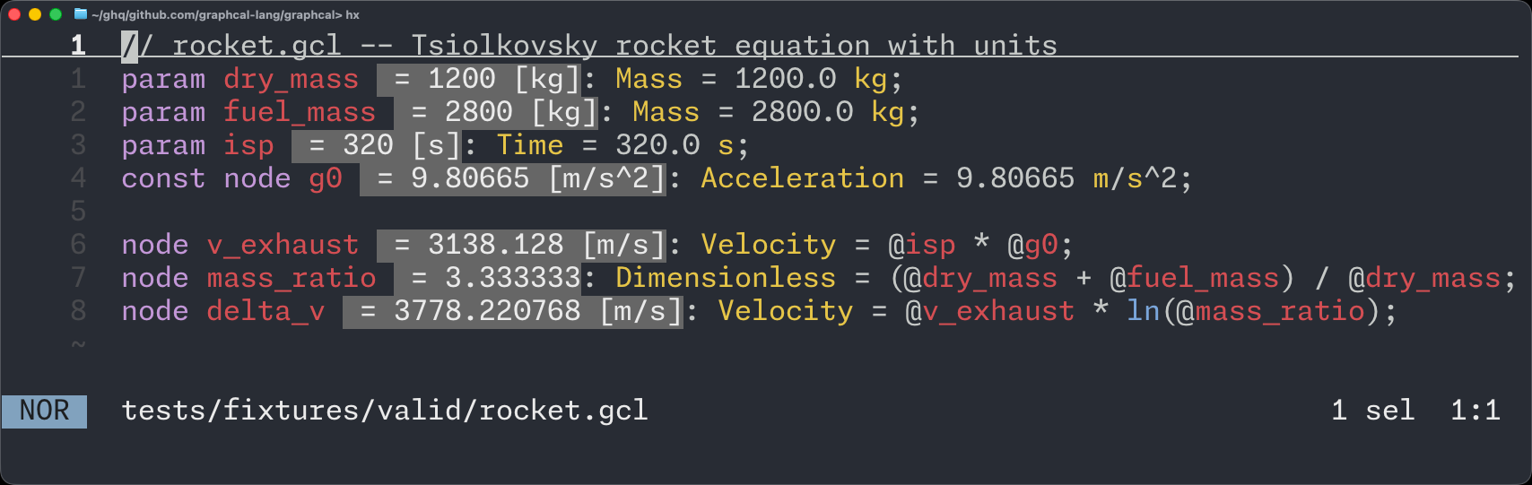 Graphcal in Helix showing inline computed values for a rocket equation calculation